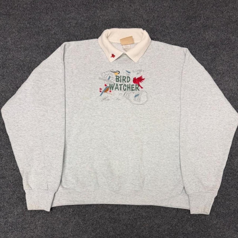 Vintage 90s Top Stitch Bird Watcher Sweatshirt Womens Large Grey Grandma Core